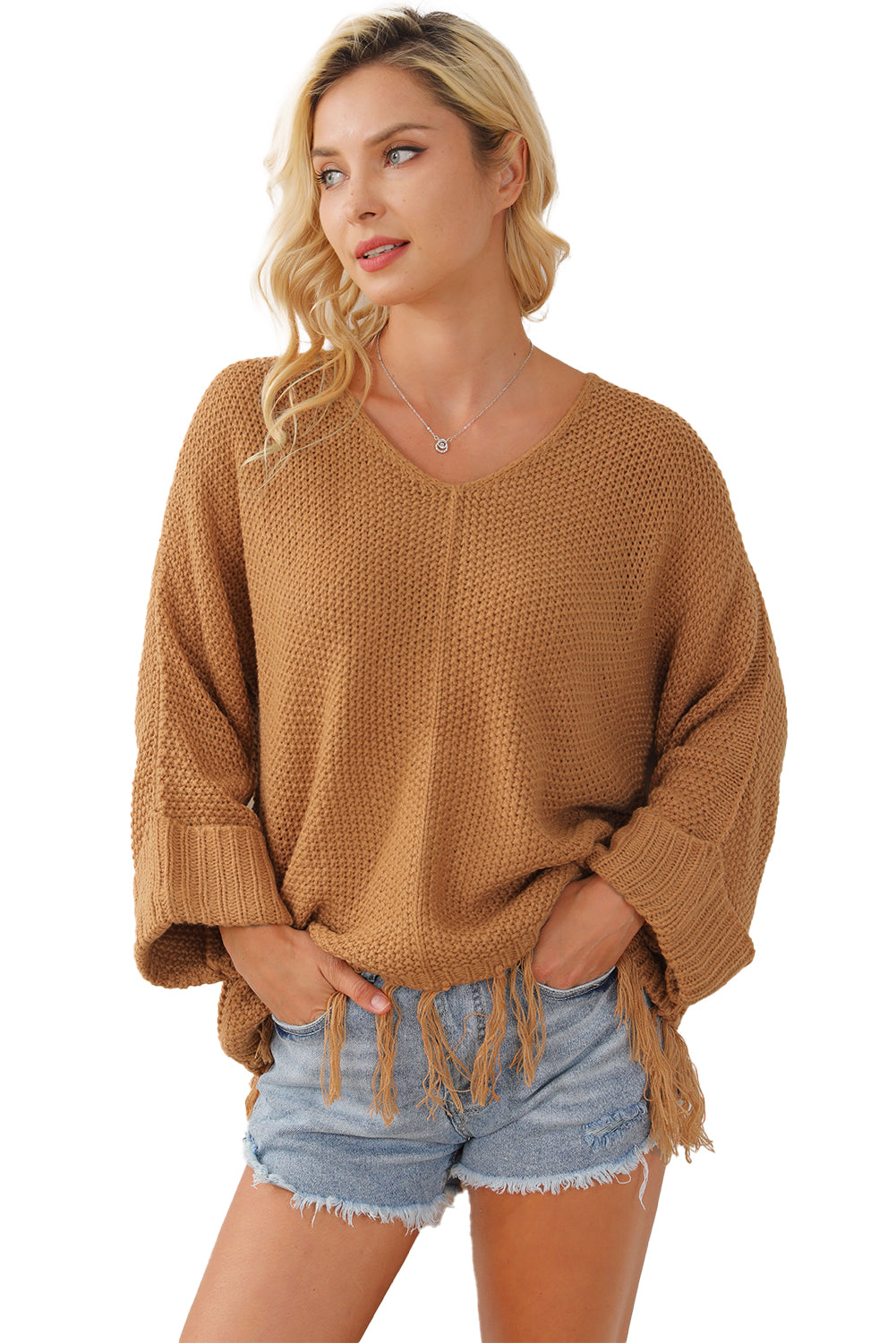 Camel Tasseled Hem Knit Baggy Sweater