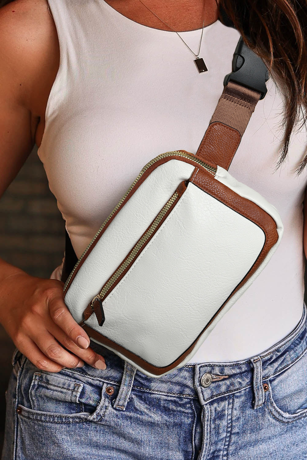 White Leather Colorblock Zipped Removable Clip Crossbody Bag