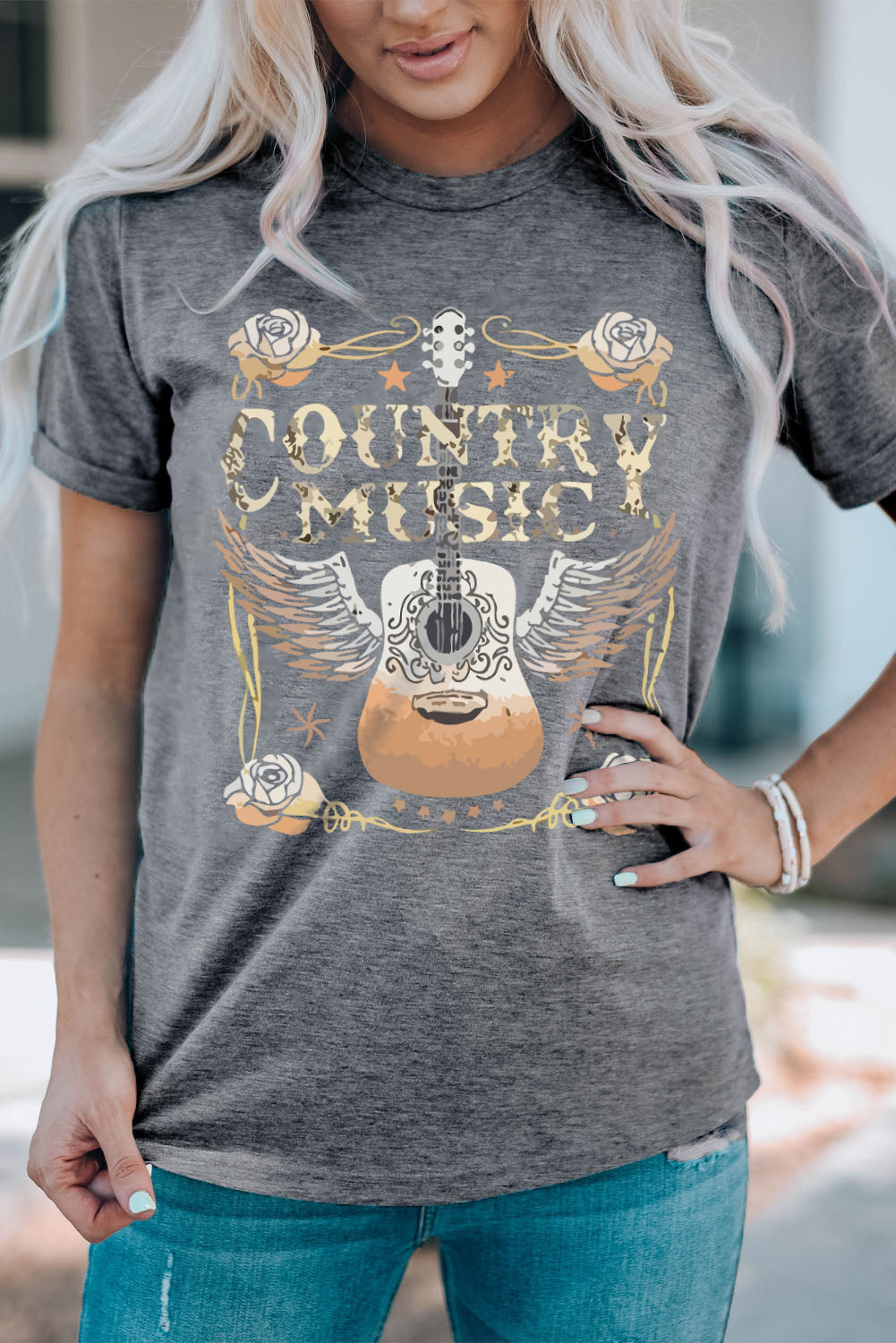 Gray COUNTRY MUSIC Guitar Graphic Print Crew Neck T Shirt