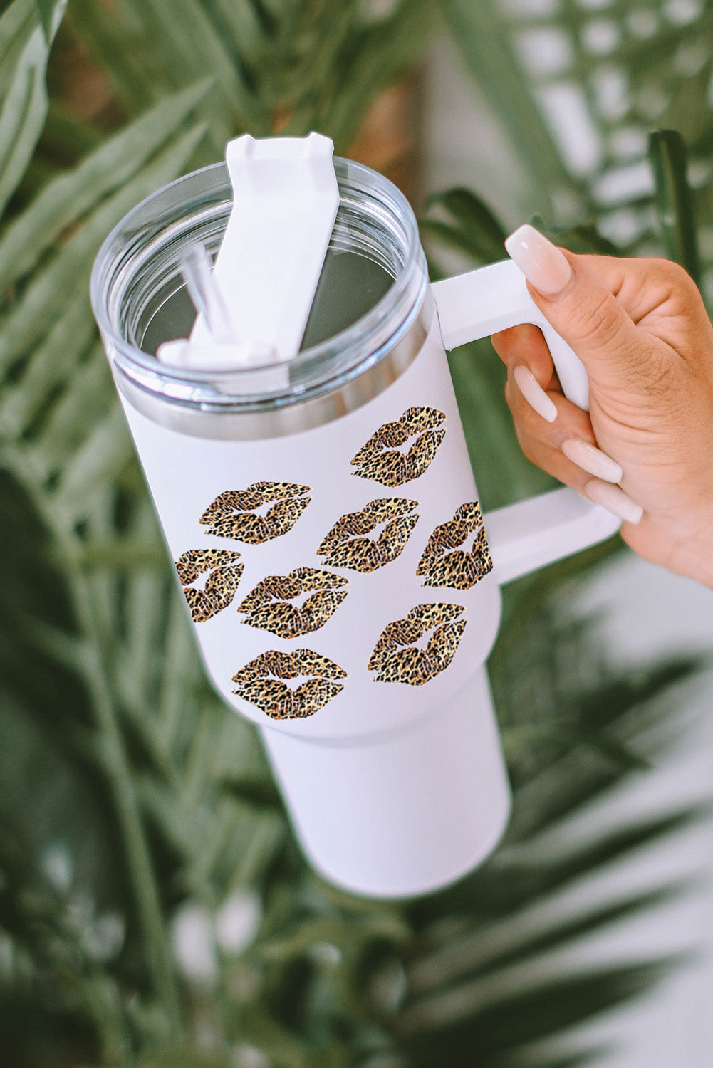 White Valentine Leopard Lips Print Thermos Cuo with Straw
