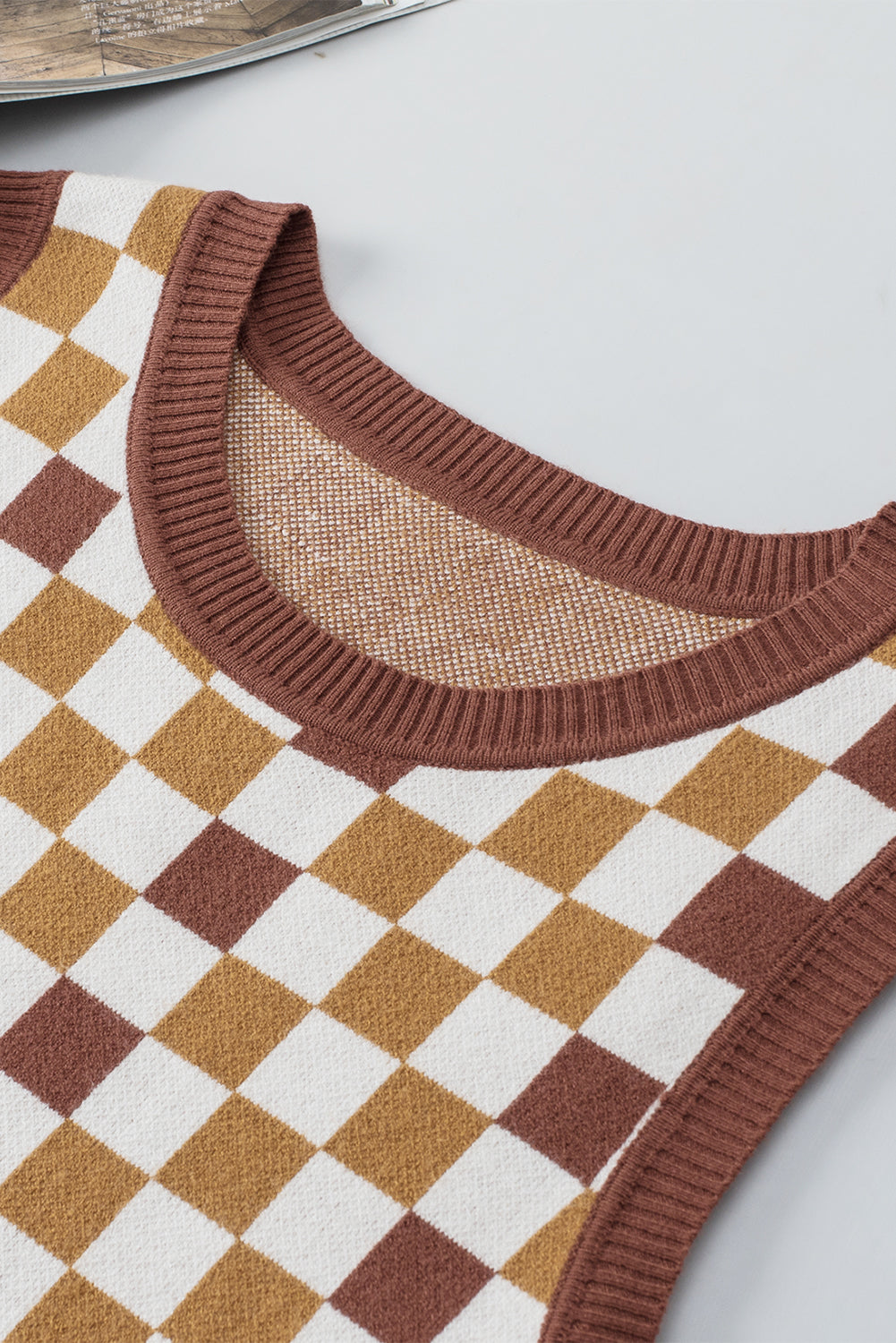 Brown Checkered Ribbed Trim Knit Sweater Vest