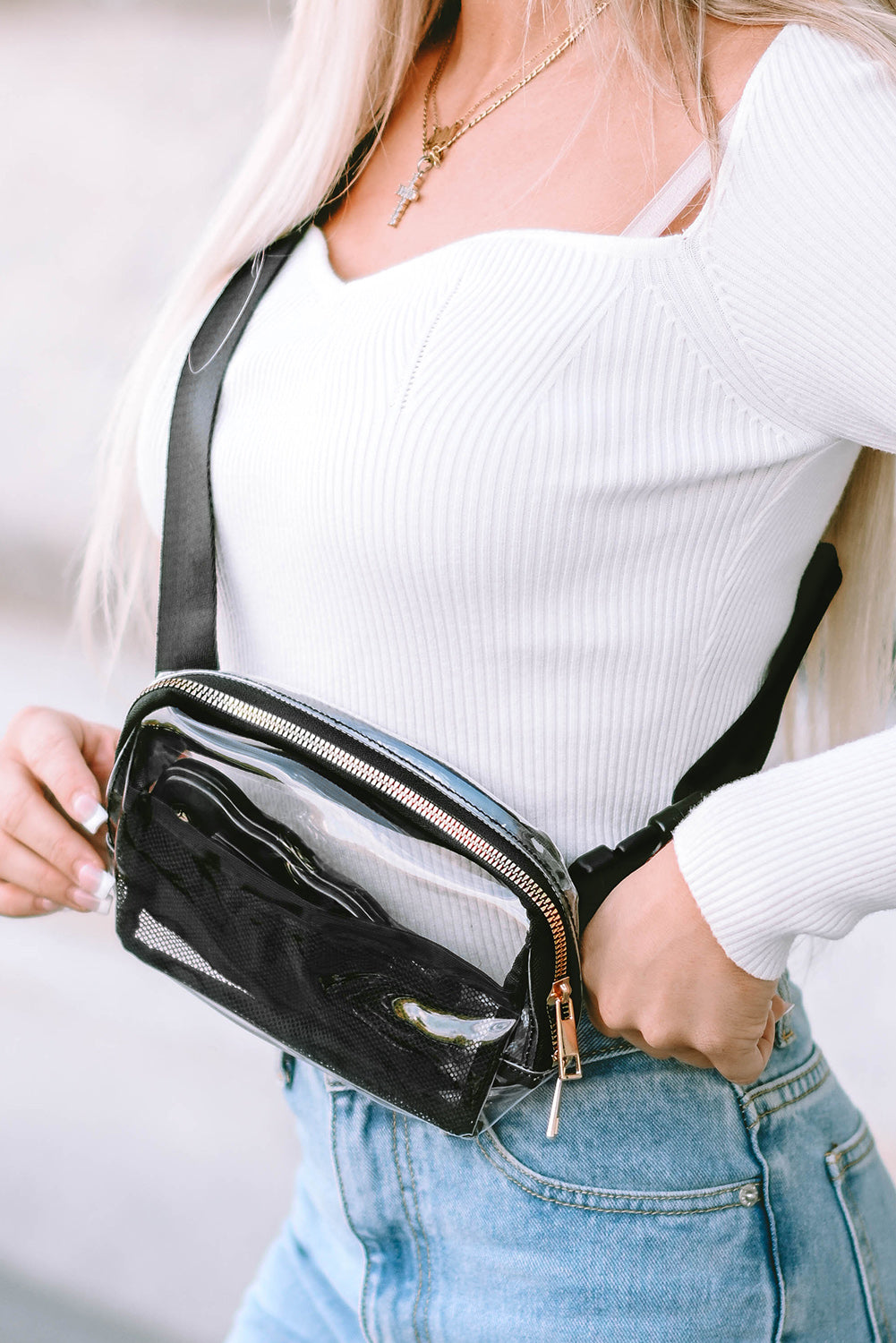 Black Adjustable Straps Zipper Clear Waist Bag