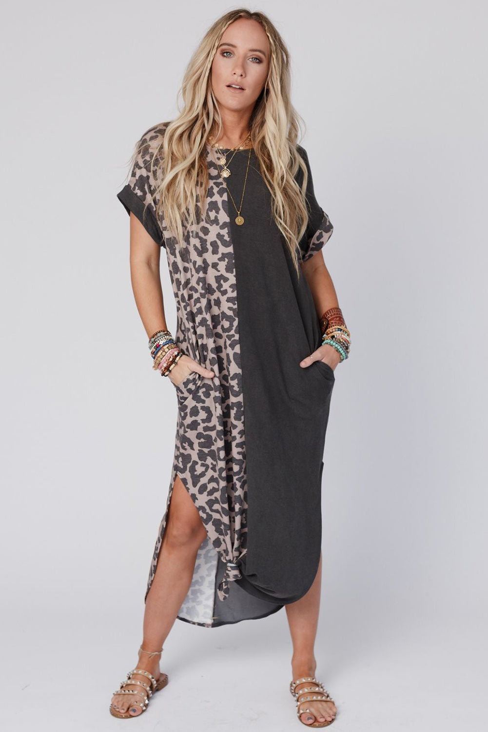 Multicolor Leopard Contrast Short Sleeve Plus Size T-shirt Dress