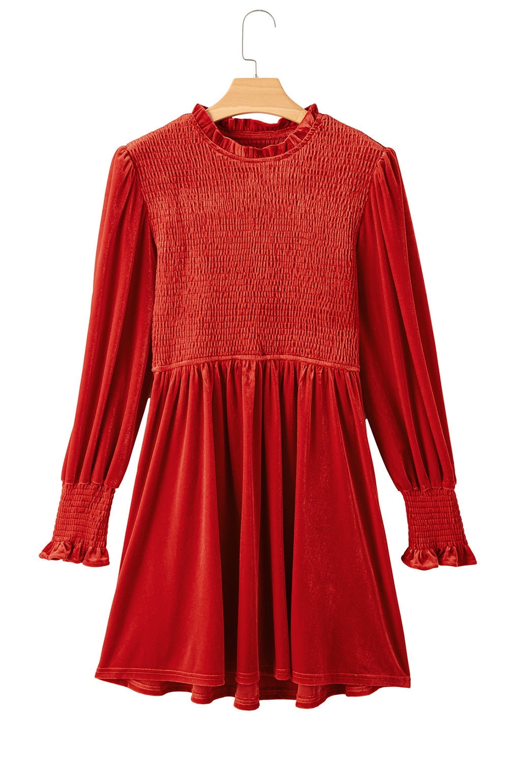 Red Clay Frilled Neck Smocked Bodice Velvet Dress