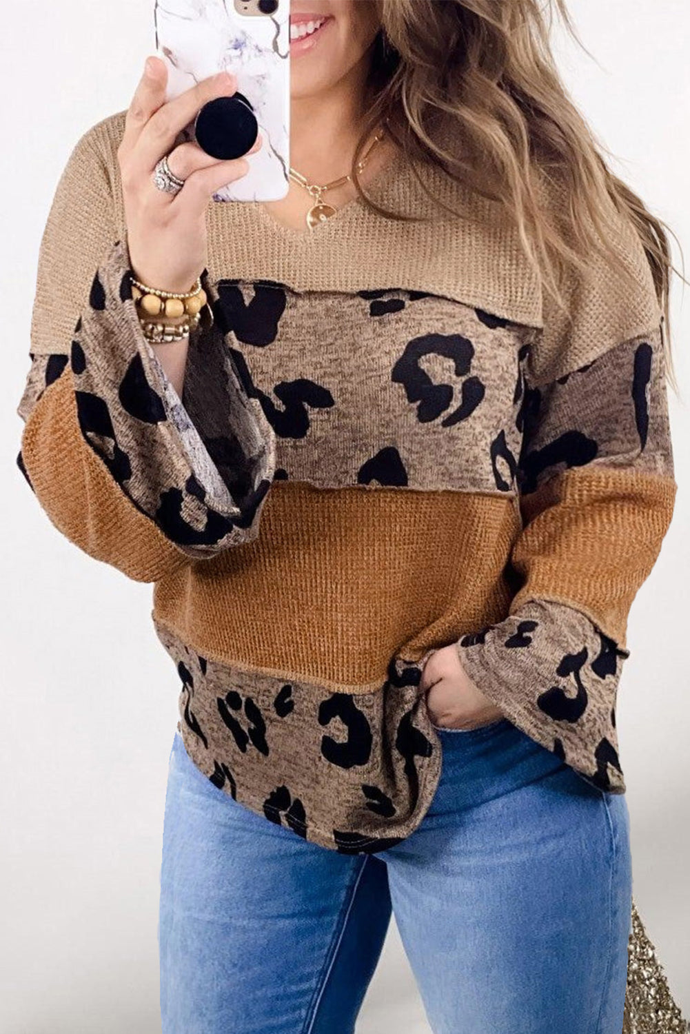 Light French Beige Plus Size Leopard Colorblock Patchwork Wide Sleeve Top