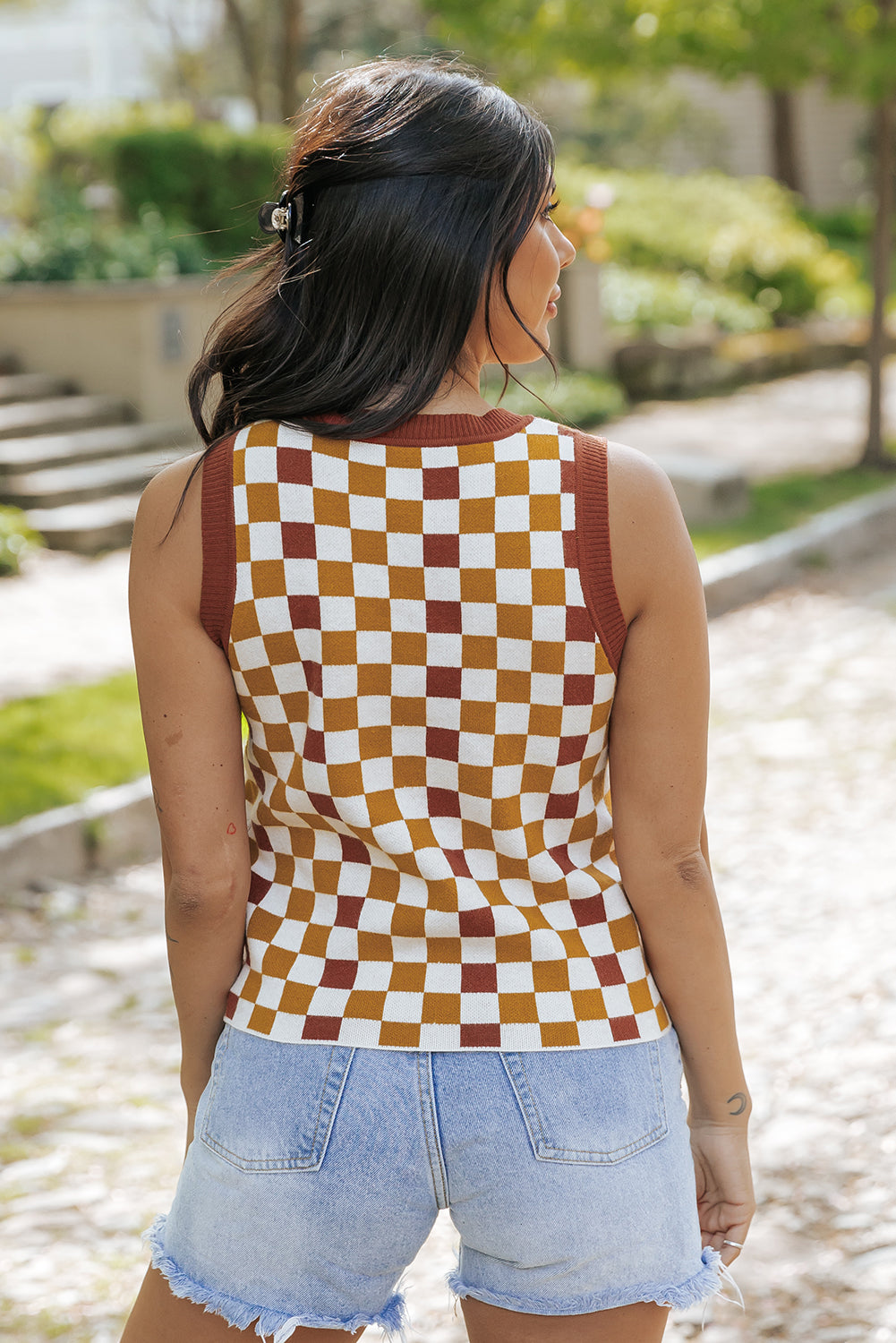 Brown Checkered Ribbed Trim Knit Sweater Vest