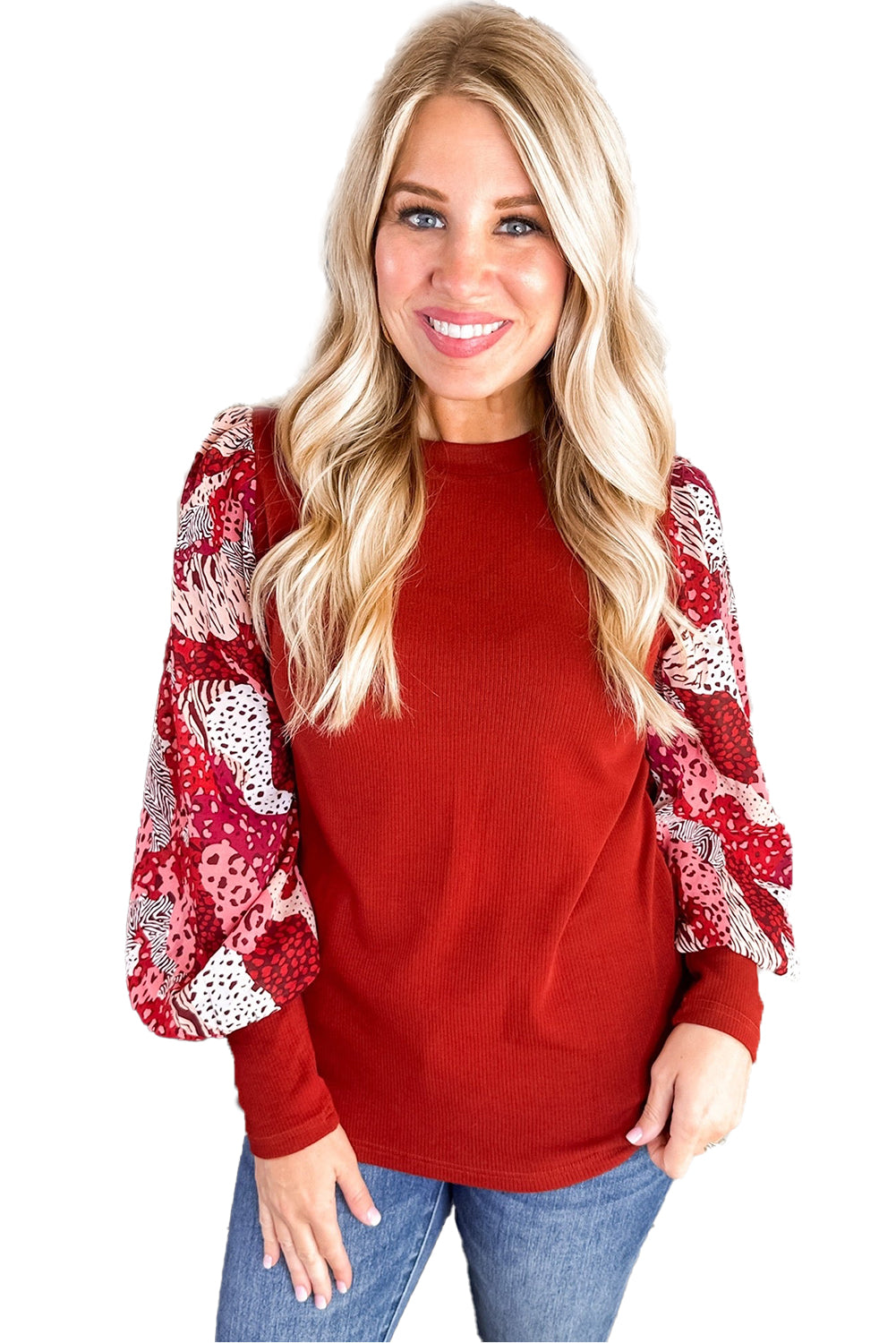 Fiery Red Contrast Mixed Animal Print Lantern Sleeve Patchwork Top