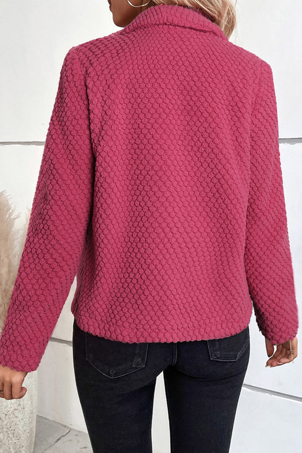 Strawberry Pink Fleece Textured Lapel Collar Open Front Jacket