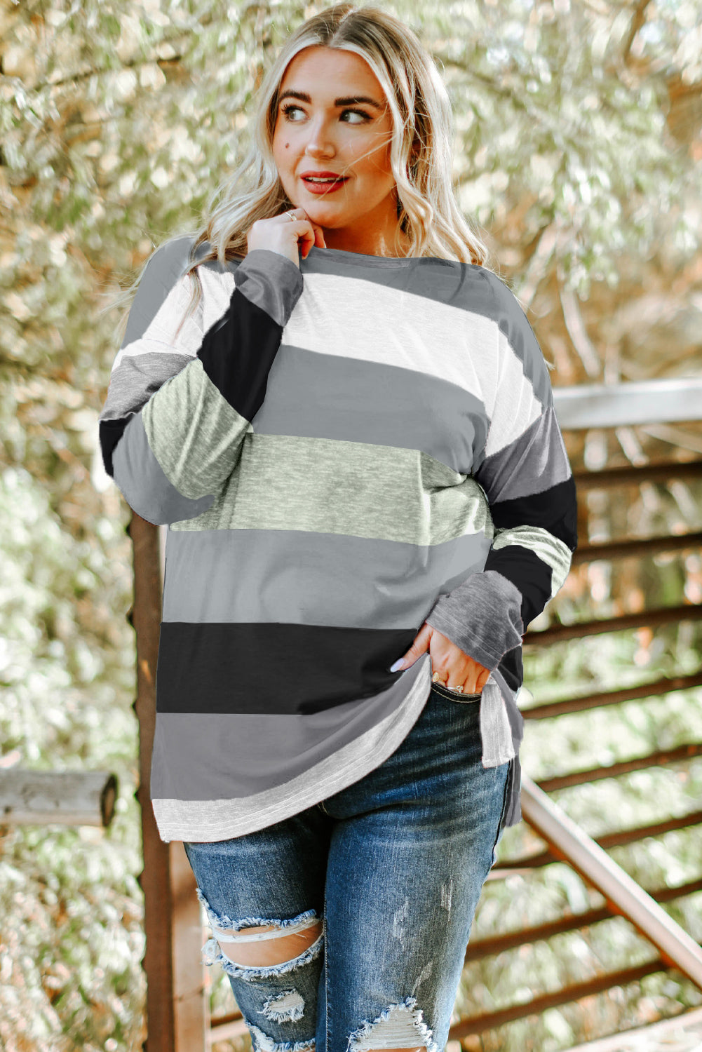 Green Stripe Plus Size Colorblock Pullover Top