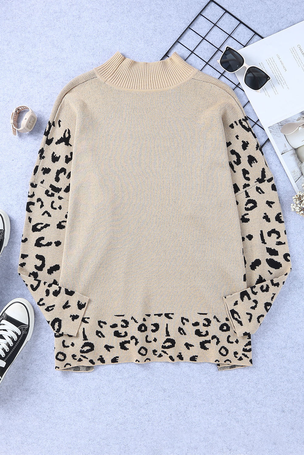 Khaki Leopard High Neck Side Slit Oversized Sweater
