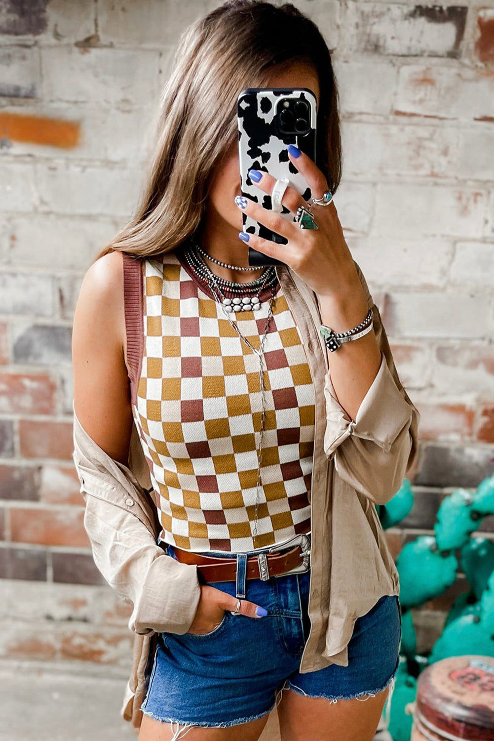 Brown Checkered Ribbed Trim Knit Sweater Vest