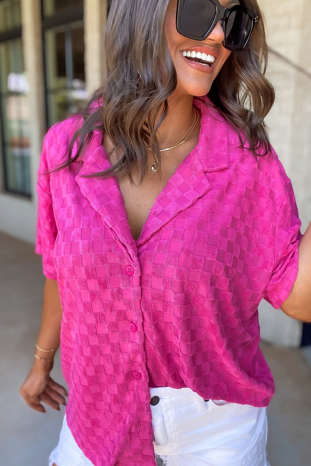 Bright Pink Lapel Neck Checkered Textured Short Sleeve Shirt
