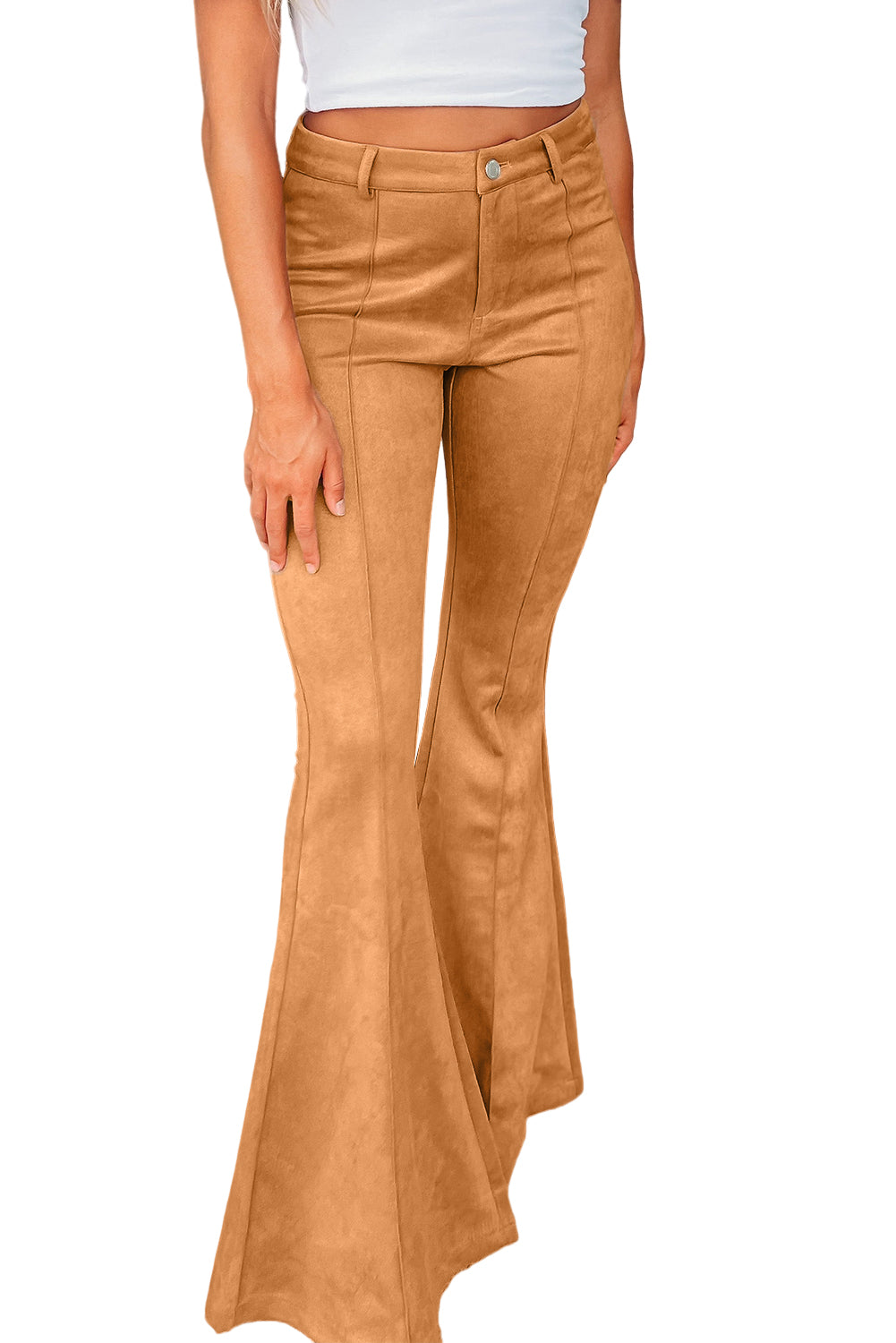 Brown Exposed Seam Flare Suede Pants with Pockets