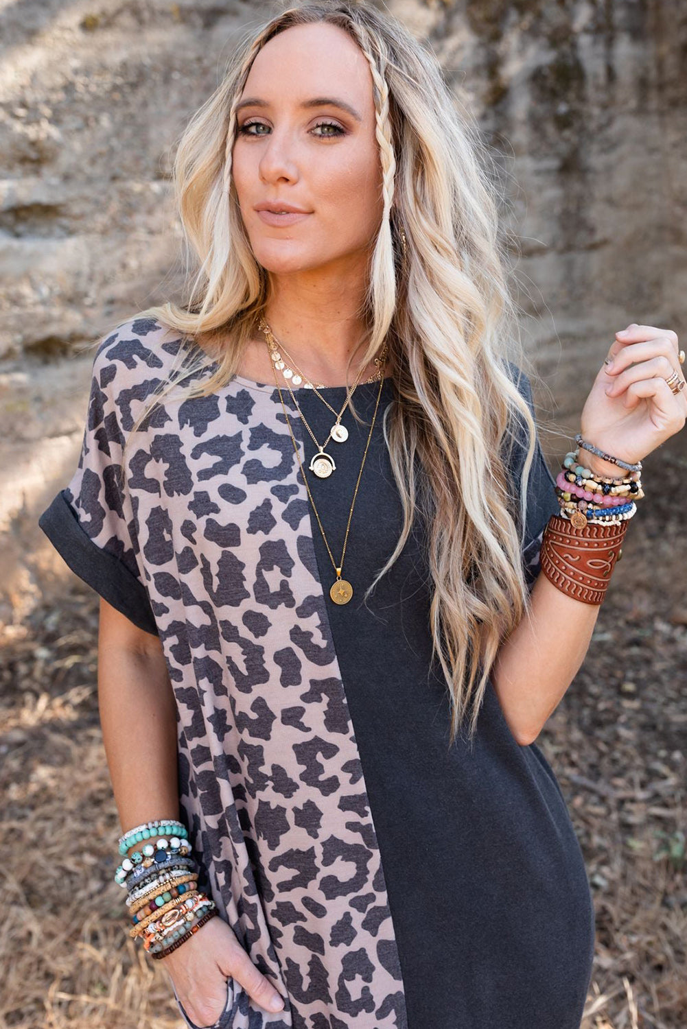 Multicolor Leopard Contrast Short Sleeve Plus Size T-shirt Dress