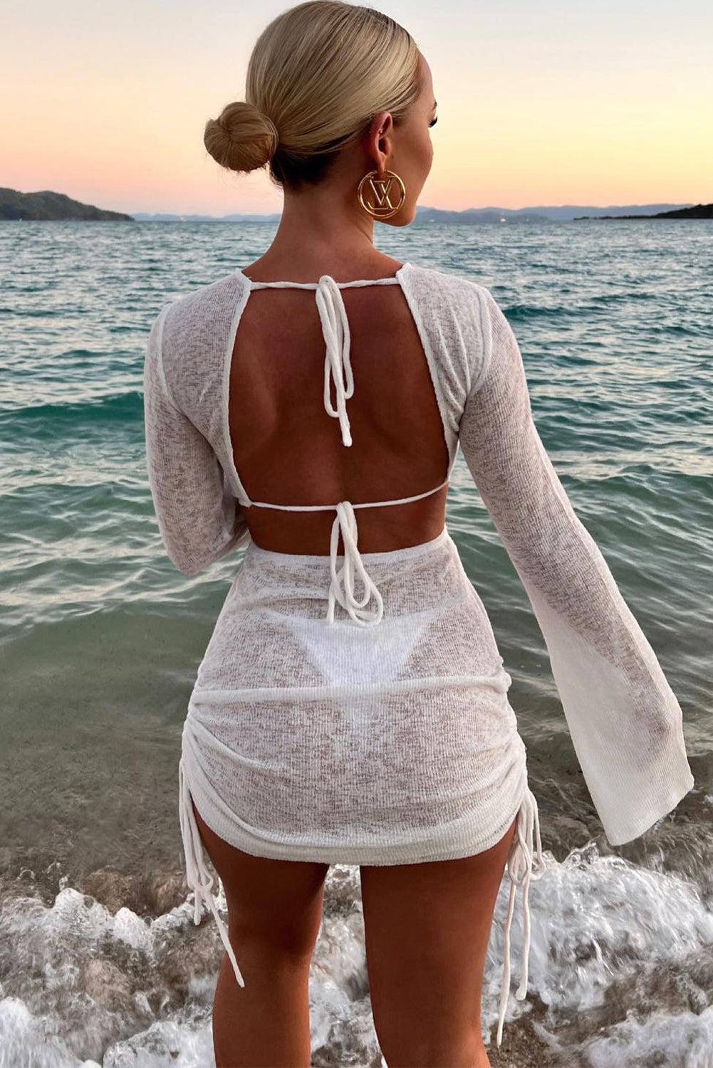 White Strappy Tie Back Cutout Sheer Knit Bell Sleeve Cover Up