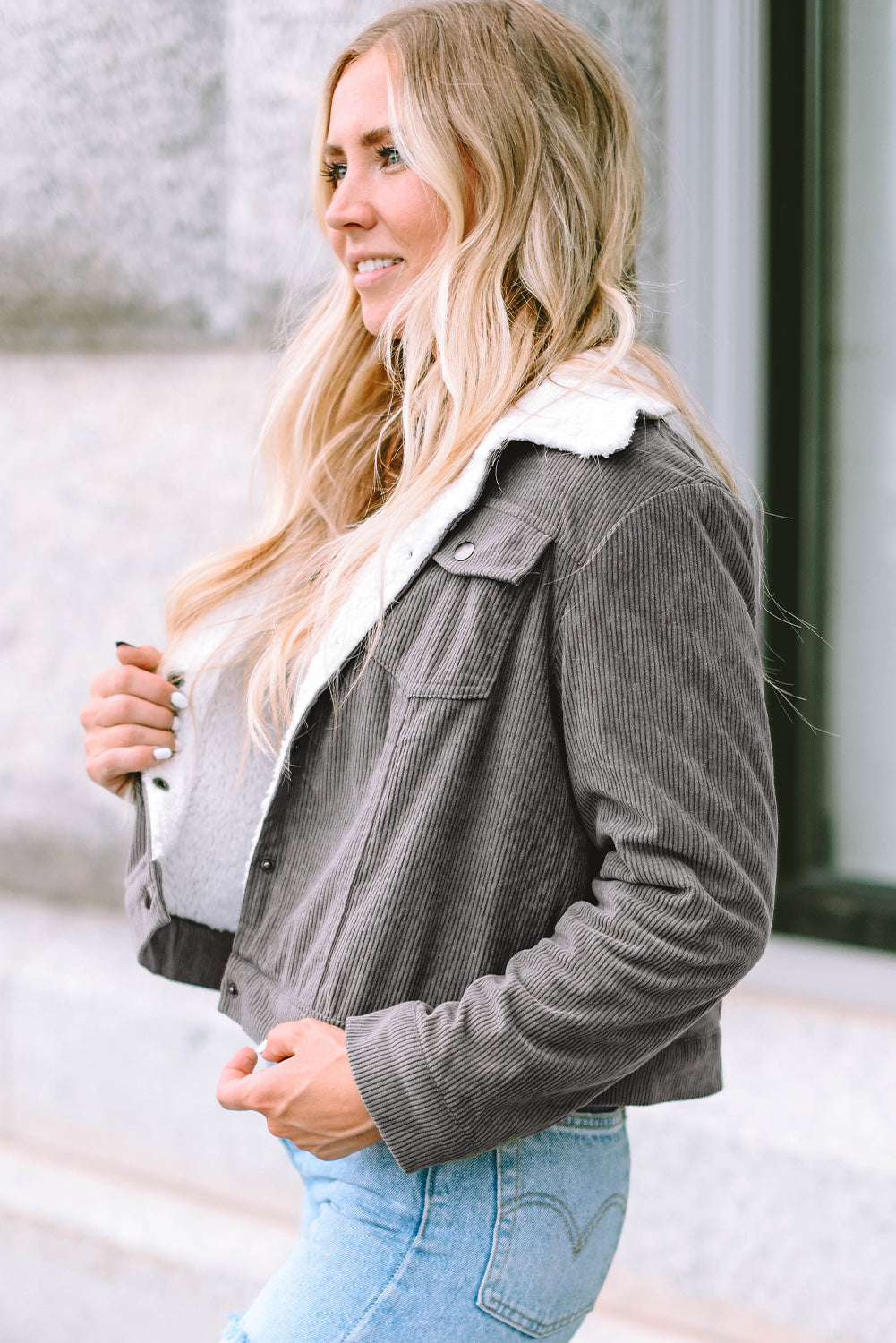 Fiery Red Corduroy Sherpa Snap Button Flap Jacket