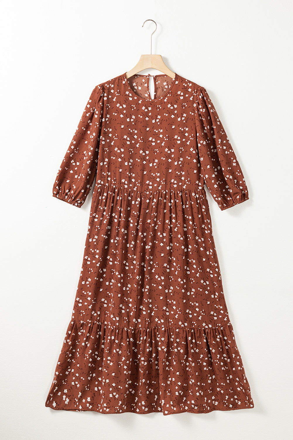 Chestnut Floral Print 3/4 Sleeve Ruffle Hem Midi Dress