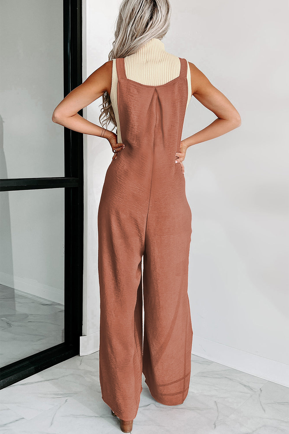 Black Textured Buttoned Straps Ruched Wide Leg Jumpsuit
