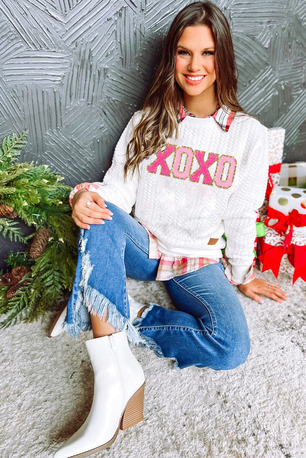Racing Red Heart XOXO Chenille Embroidered Textured Sweatshirt