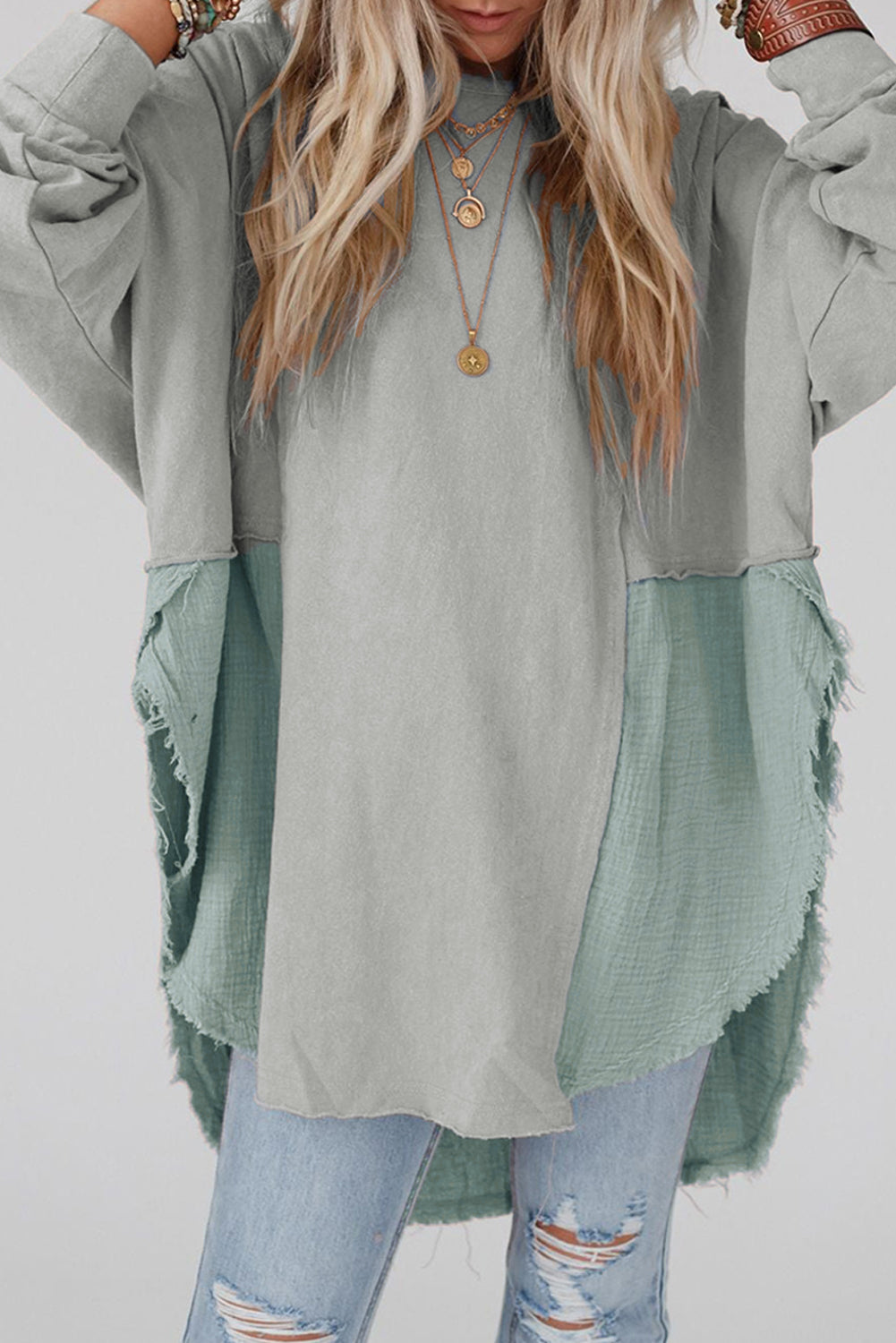 Gray Raw Edge Leopard Patchwork Oversized Blouse