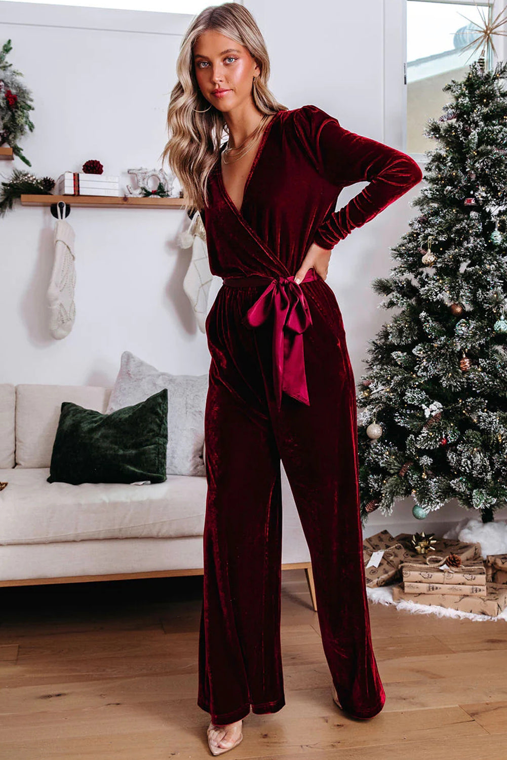 Fiery Red Velvet Pocketed Cut out Back Wide Leg Jumpsuit
