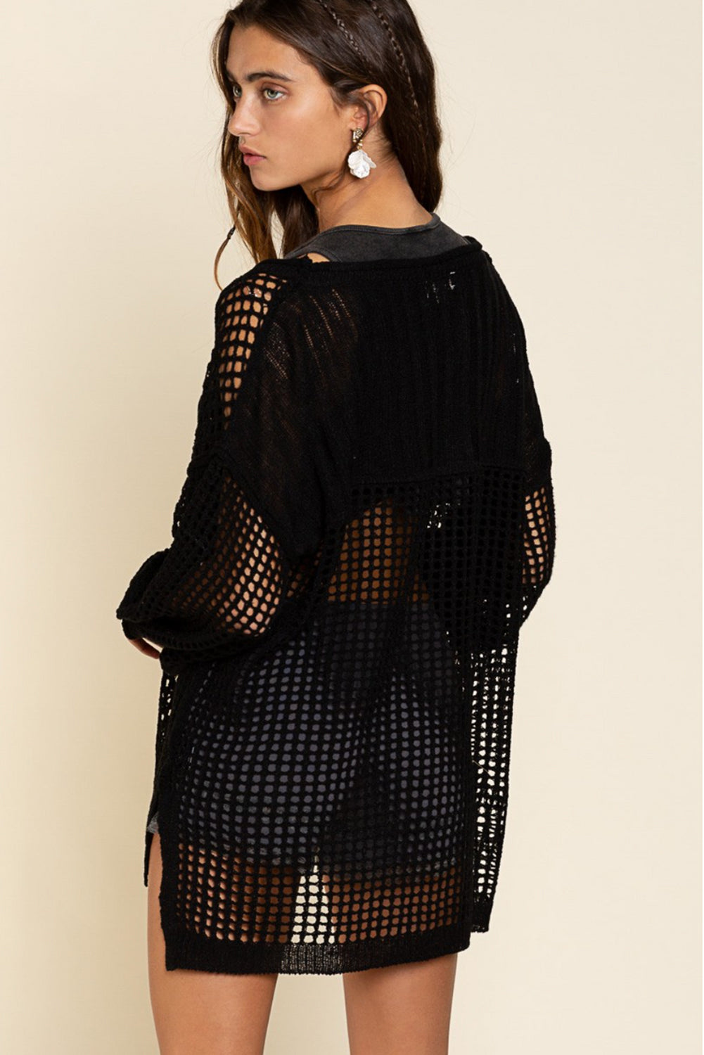 Black Fishnet Hollow-out Long Sleeve Beach Cover up