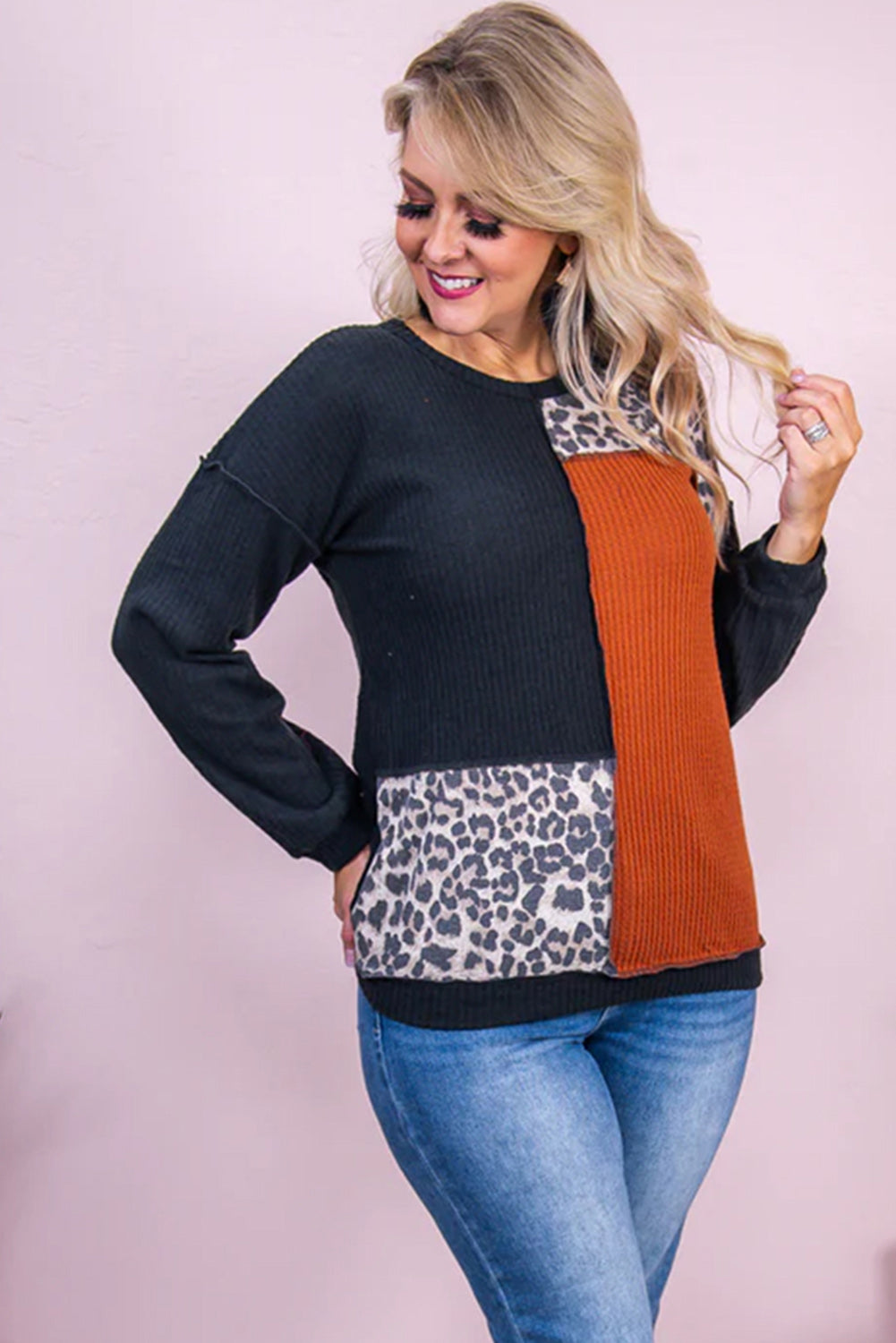 Black Orange Colorblock Leopard Patchwork Waffle Knit Plus Size Top