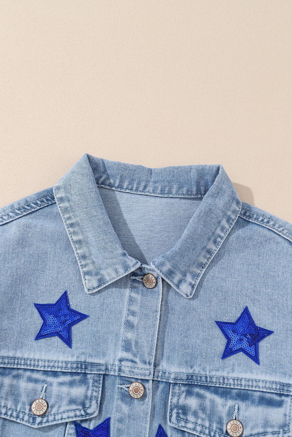 Light Blue Sequin Star Flap Pocket Denim Jacket