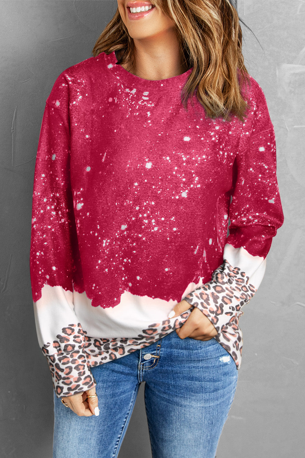 Fiery Red Leopard Bleached Heart Graphic Pullover Sweatshirt