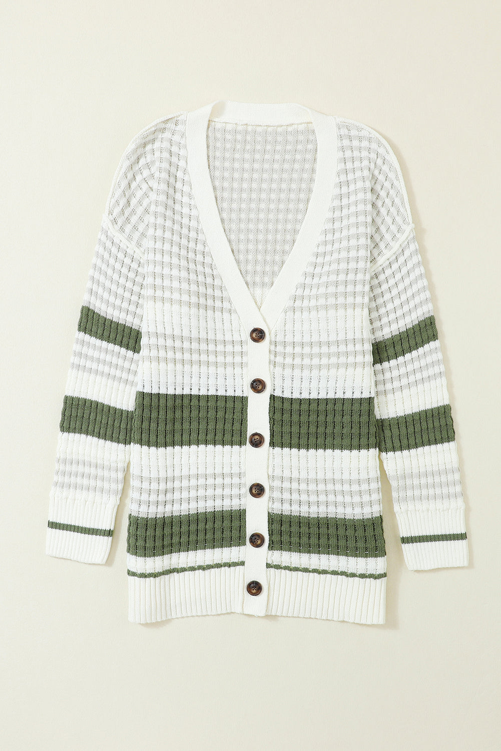 White Plus Size Color Block Cable Knit Buttoned Cardigan