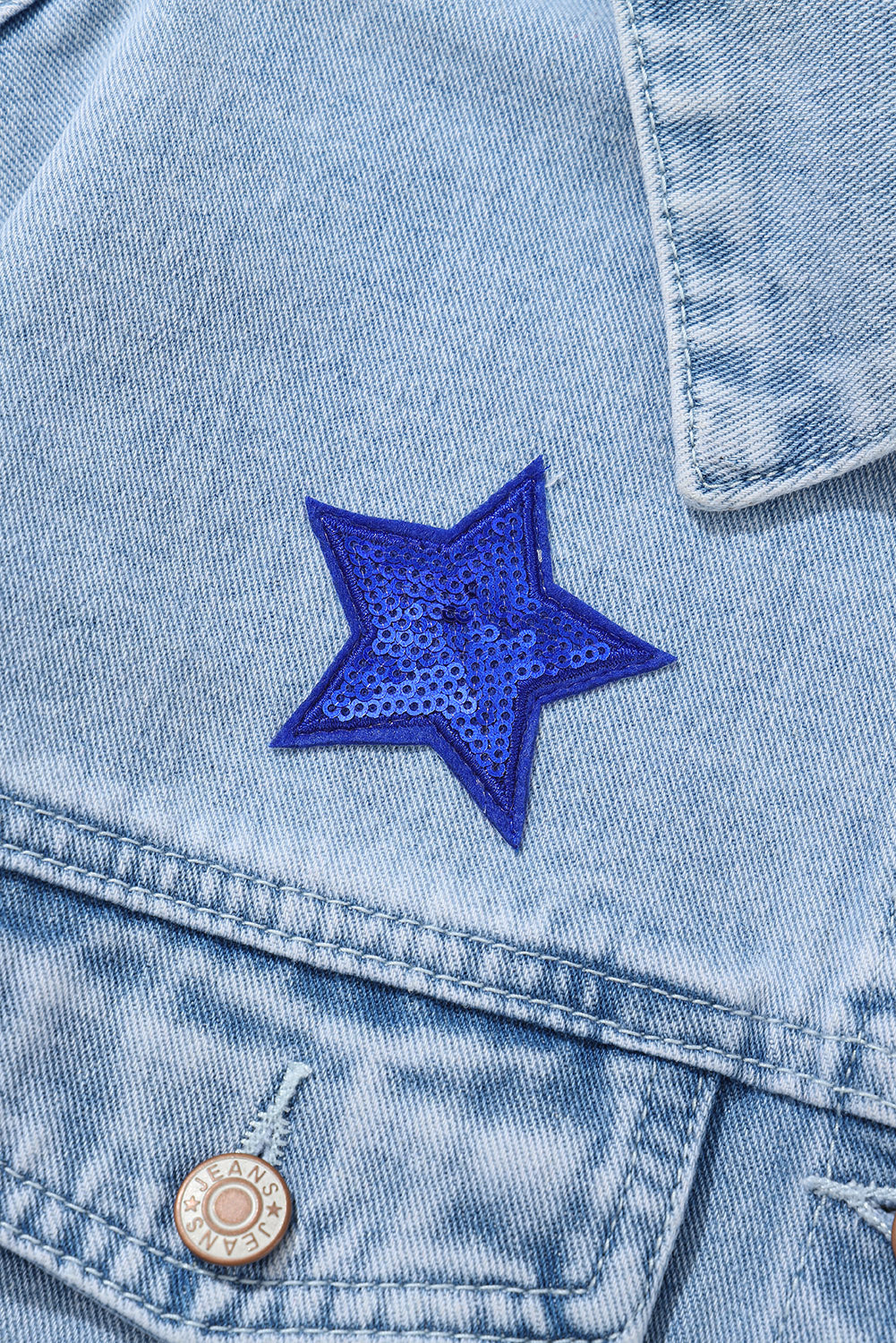 Light Blue Sequin Star Flap Pocket Denim Jacket
