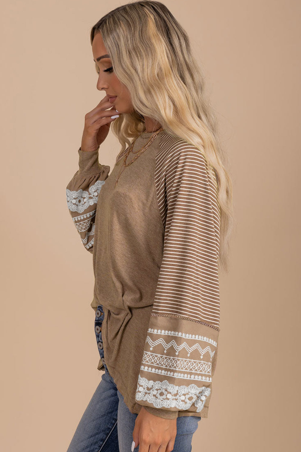 Light French Beige Floral Striped Patchwork Loose Long Sleeve Top