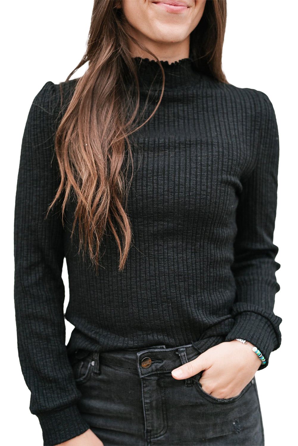 Black Solid Color Ruffled High Neck Long Sleeve Top