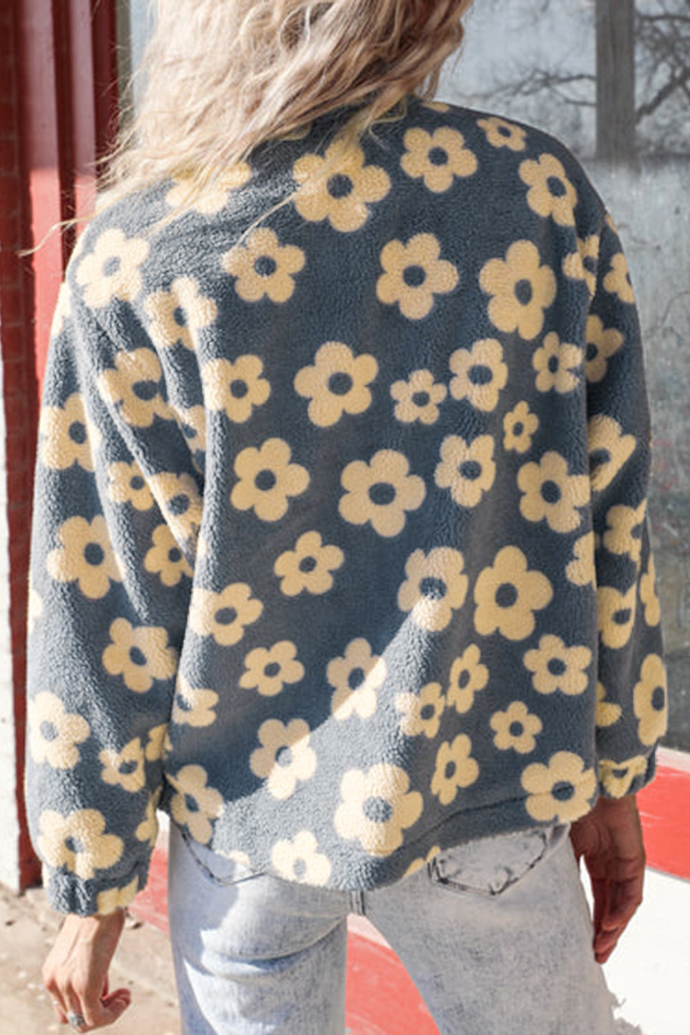 Dark Grey Sherpa Flower Graphic Stand Neck Zip-Up Jacket