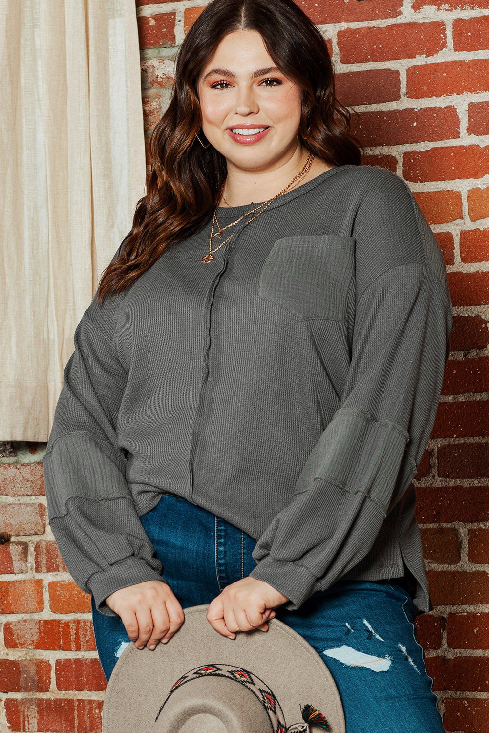 Pink Plus Size Exposed Seam Crinkle Patchwork Top
