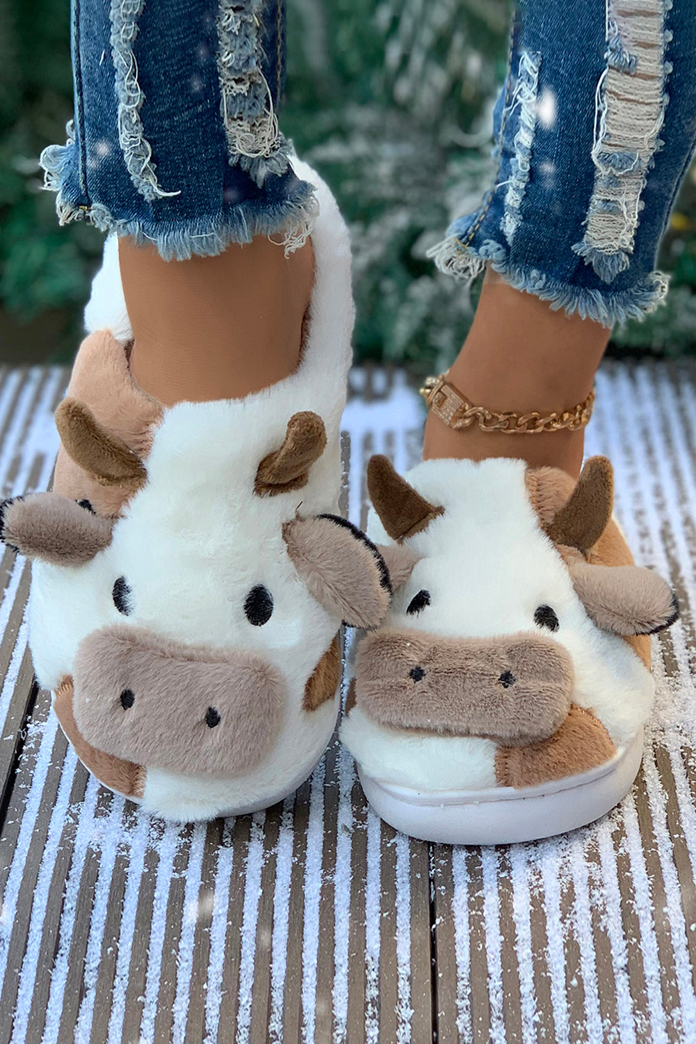 Camel Cartoon Cow Pattern Plush Lined Slippers