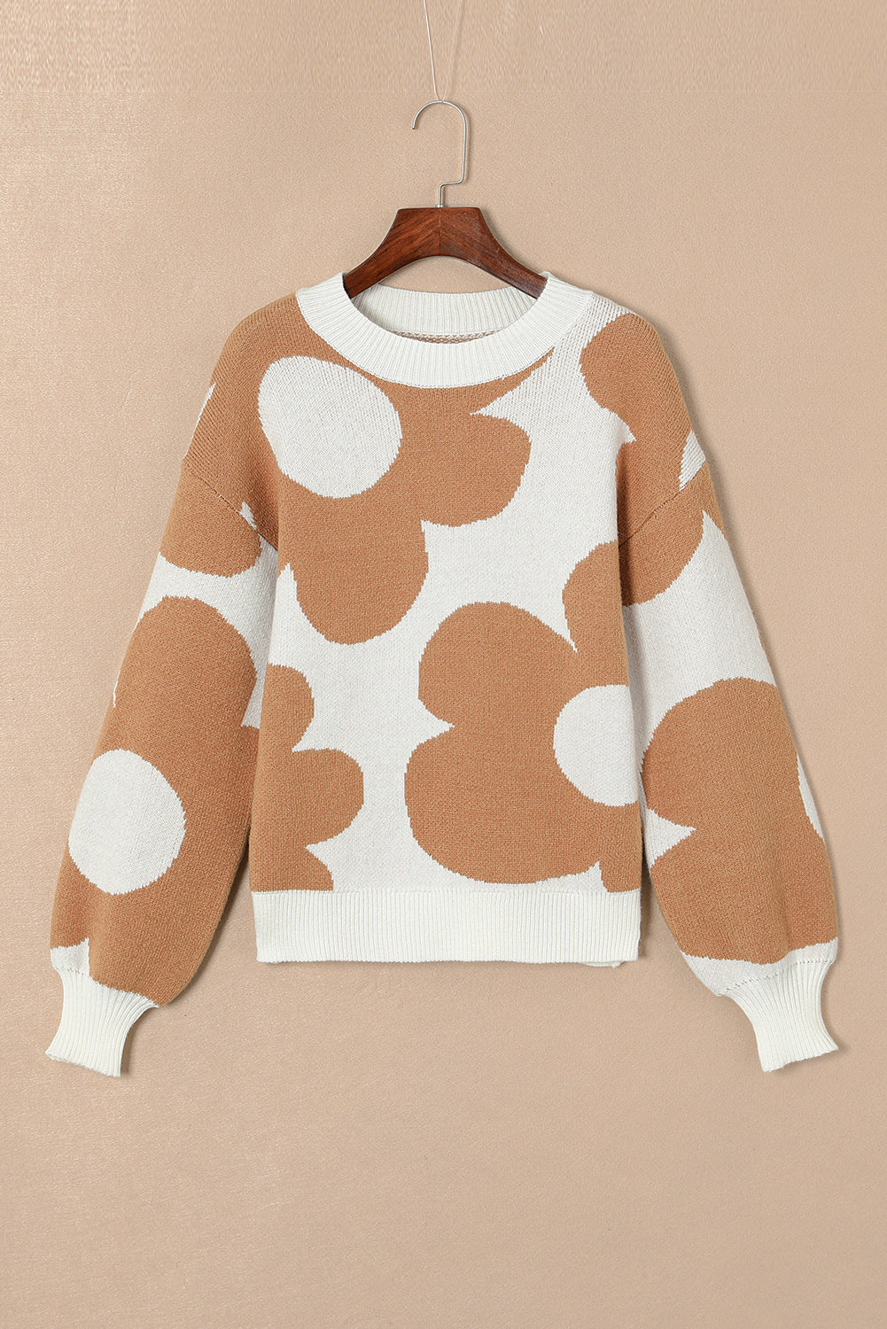 Khaki Big Flower Pattern Drop Shoulder Sweater