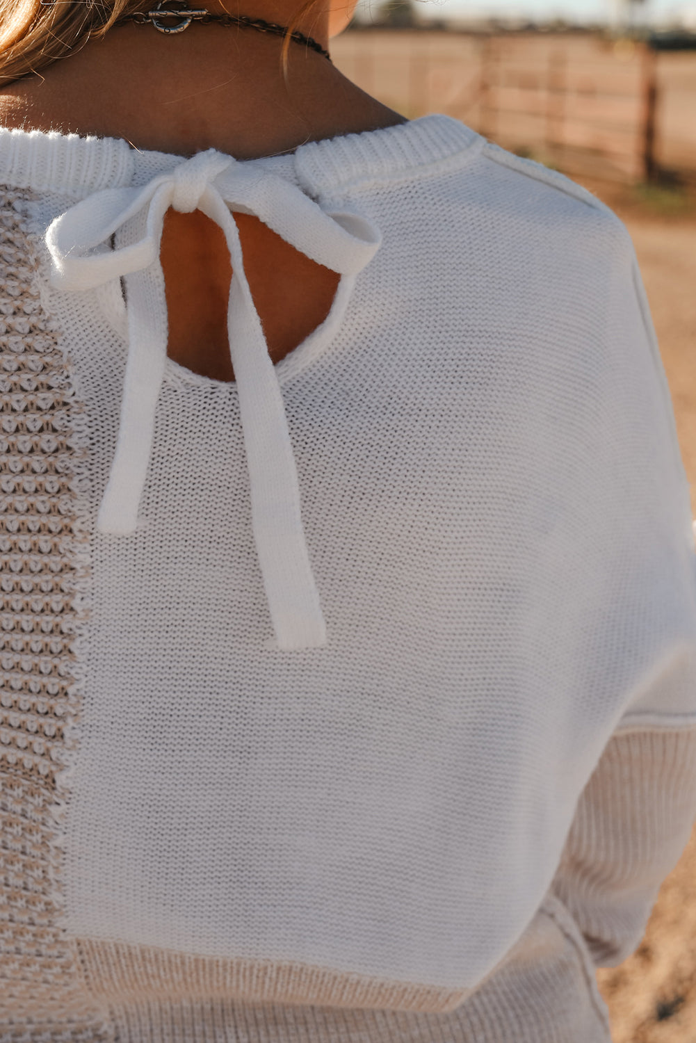 Oatmeal Mixed Pattern Knit Tie Keyhole Drop Shoulder Sweater