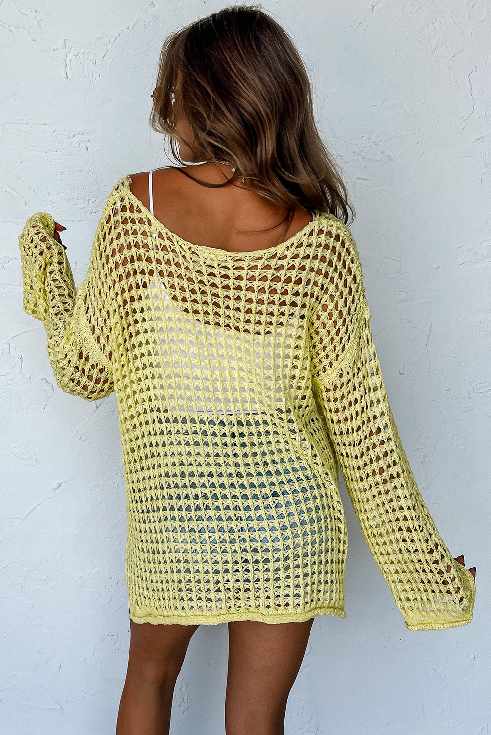 Yellow Open Knit Crochet Bell Sleeve Tunic Sweater