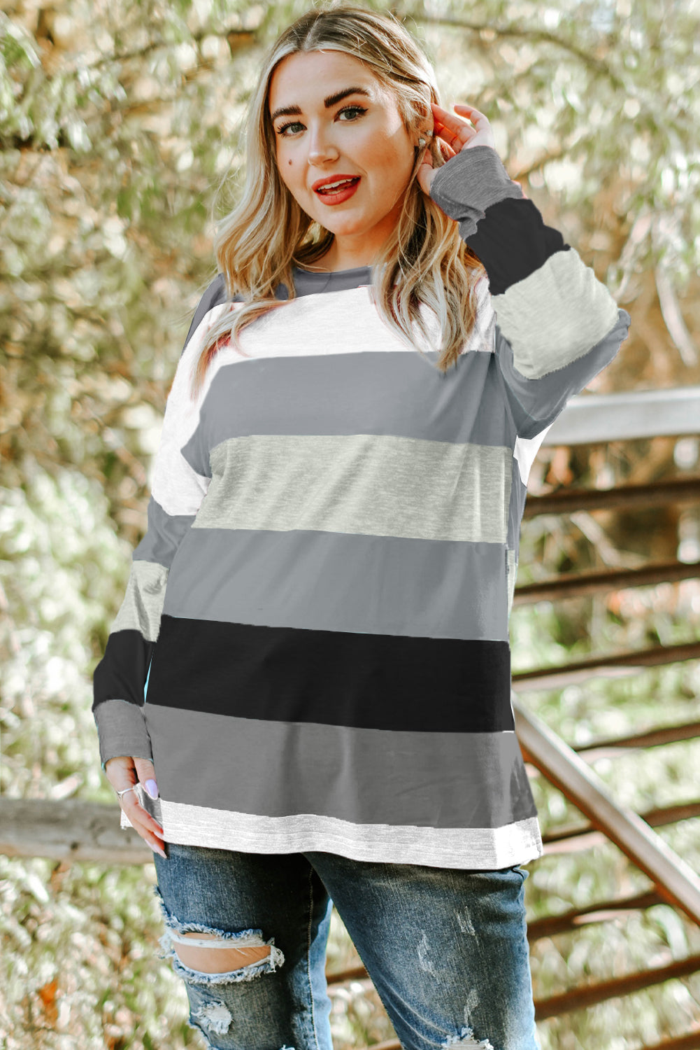 Green Stripe Plus Size Colorblock Pullover Top