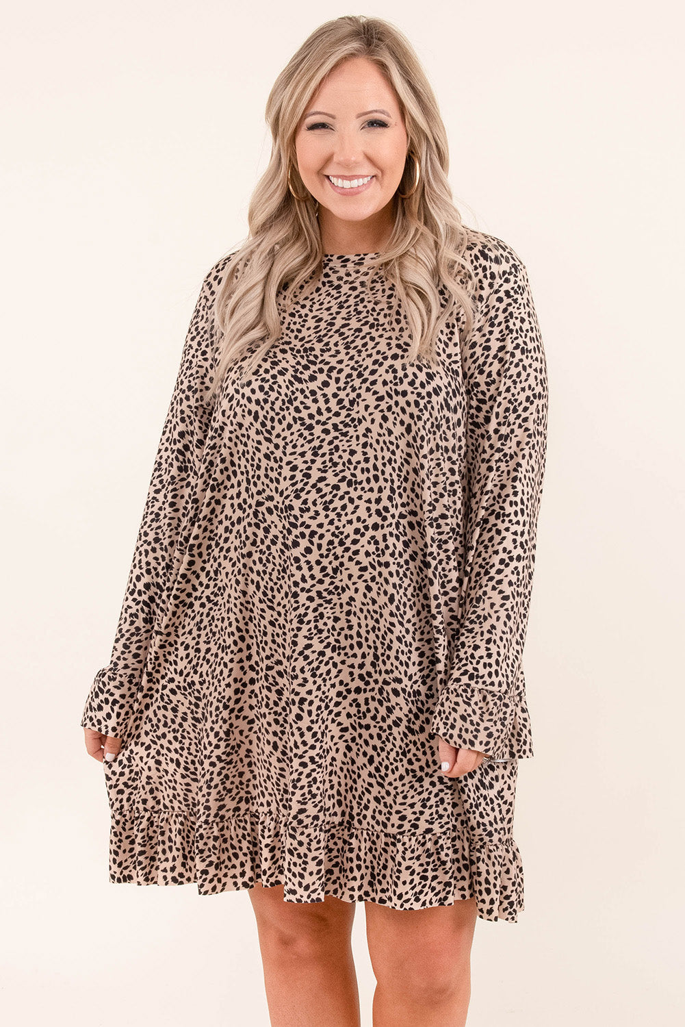 Leopard Plus Size Ruffle Long Sleeve Mini Dress