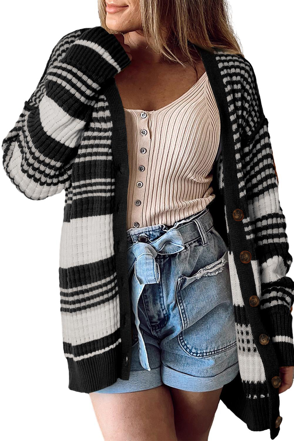 White Plus Size Color Block Cable Knit Buttoned Cardigan