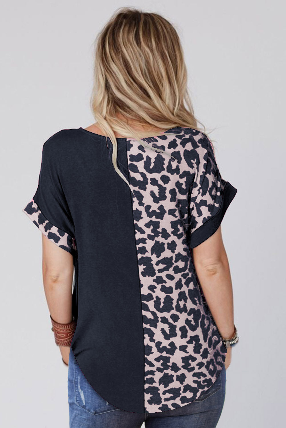 Multicolor Leopard Contrast Short Sleeve Plus Size T-shirt Dress