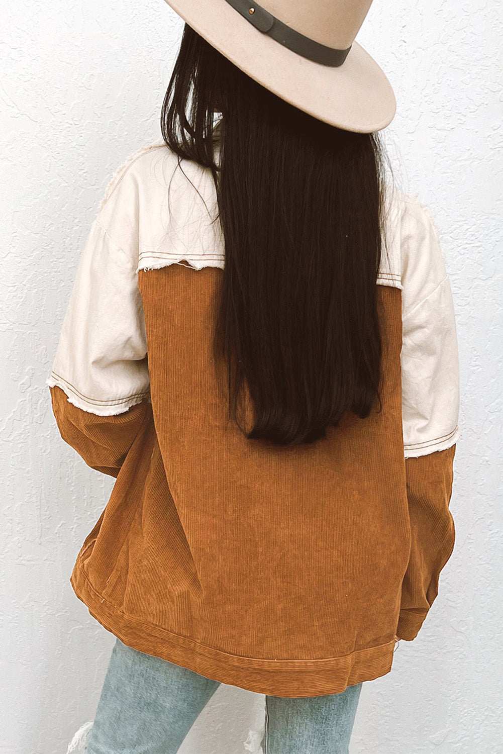 Brown Colorblock Flap Pocket Raw Edge Buttoned Jacket