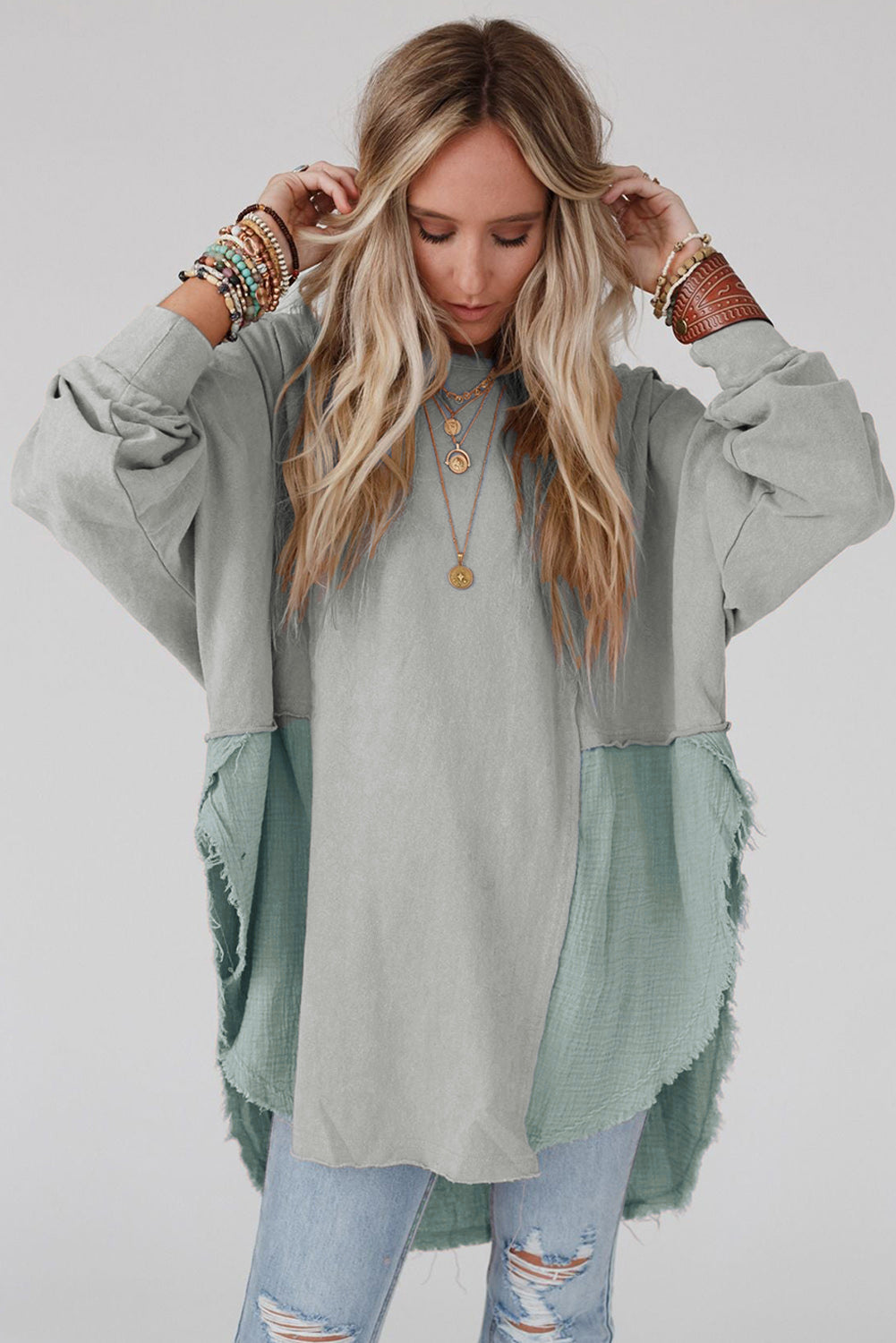Gray Raw Edge Leopard Patchwork Oversized Blouse