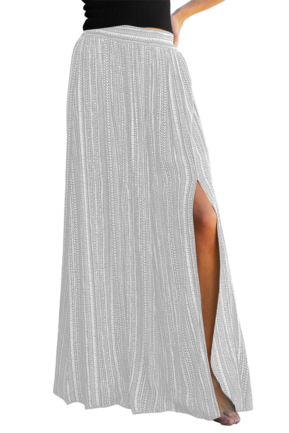 White Striped Printed Slit Wide Leg High Waist Pants