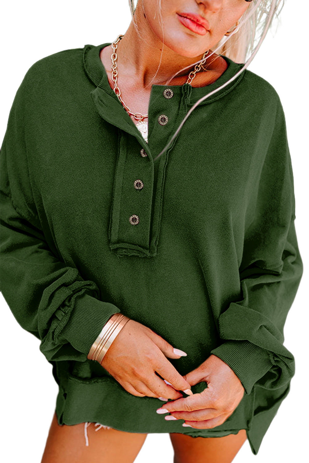 Drop Shoulder Henley Buttons Sweatshirt