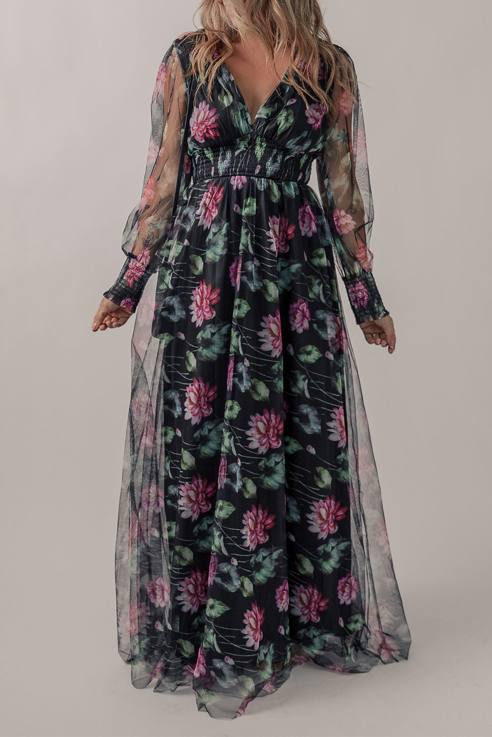 Black Mesh Sheer Shirred High Waist Floral Maxi Dress