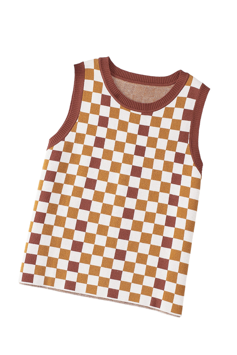 Brown Checkered Ribbed Trim Knit Sweater Vest