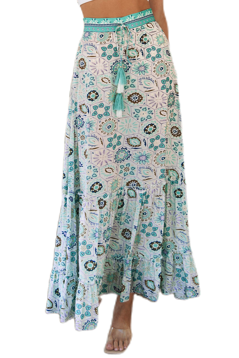 Sky Blue Boho Floral Print Maxi Skirt